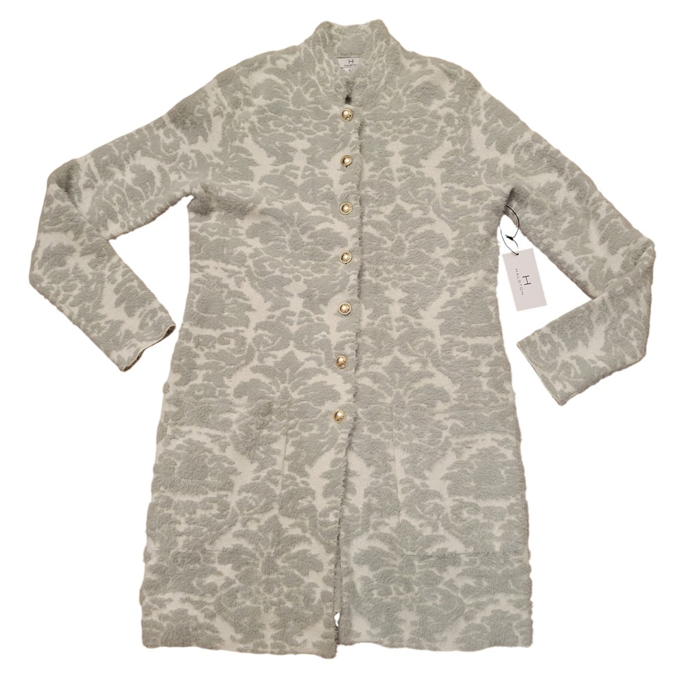 Halston S Longline Cardigan Gray Damask Button Up Soft Sweater Jacket Luxury